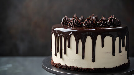 White drip cake with chocolate ganache on stand