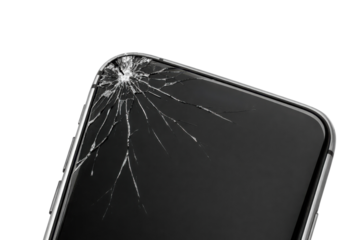 A cracked smartphone screen showing visible damage and fractures across the display.