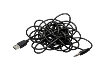 A tangled black cable with a USB connector on one end and a 3.5mm audio jack on the other, showcasing a chaotic arrangement.
