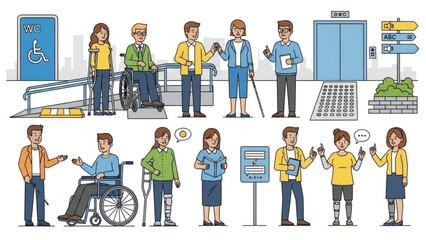 Fototapeta premium Diverse group of people with disabilities including wheelchair users and those with prosthetics using accessibility features like ramps and elevator