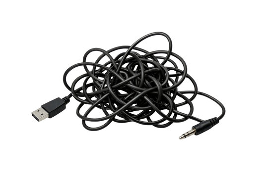 A tangled black cable with a USB connector on one end and a 3.5mm audio jack on the other, showcasing a chaotic arrangement.