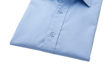 A neatly folded blue shirt featuring a collar and buttons, showcasing a smooth texture and crisp appearance.