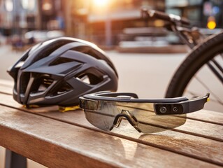 arenhanced sunglasses on a sleek bicycle helmet sitting on a city park bench during sunset merging futuristic gadgets with urban biking culture