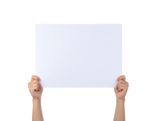 Two hands are holding a blank, white sheet of paper, presenting it prominently.