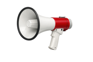 A red and white megaphone designed for amplifying sound, featuring a handle and control dial for operation.