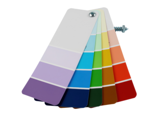 A collection of paint color swatches arranged in a fan shape, showcasing a gradient of hues from light to dark.