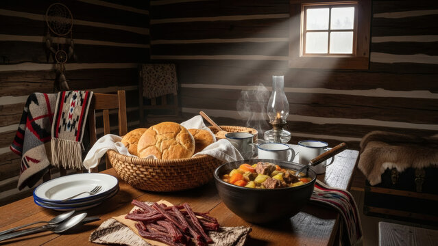 M&eacute;tis Heritage Table with Bannock, Stew and Dried Meat
