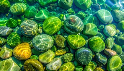 Close-up of smooth, rounded stones beneath shallow, clear water, showcasing light refracting patterns and varied greens