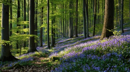 Sloping forest floor covered in bluebells with sunlight filtering through tall trees woodland nature