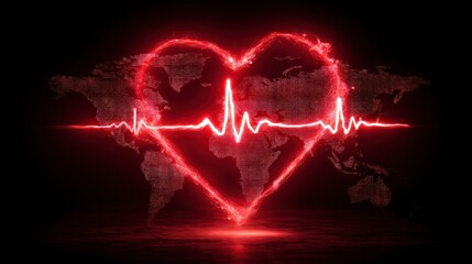 Red Heart Icon with Heartbeat Line Over World Map for Health and Love Themes