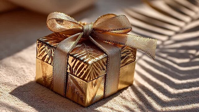 A gold glittery gift box with a ribbon sits in the sunlight with leaf shadows.