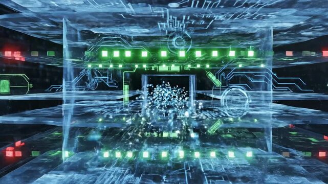A futuristic digital landscape with glowing red and green lights, abstract computer-generated circuit boards