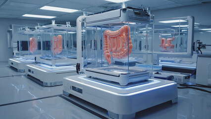 Human intestine in a glass container for scientific research and study of internal human organs at laboratory

