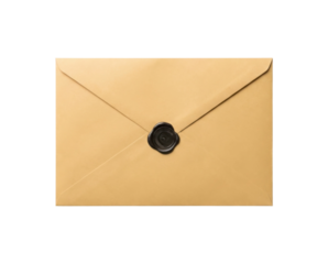 A golden envelope sealed with a black wax stamp, conveying a sense of elegance and formality.