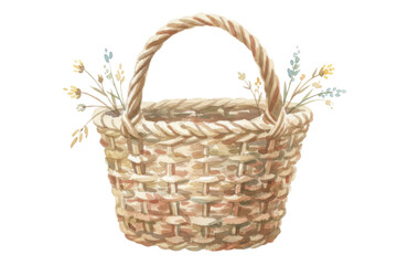Obraz premium A Rustic Woven Basket Adorned with Delicate Floral Sprigs in a Watercolor Style