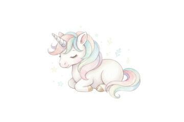 A serene watercolor illustration of a resting unicorn with a colorful mane and a starry display