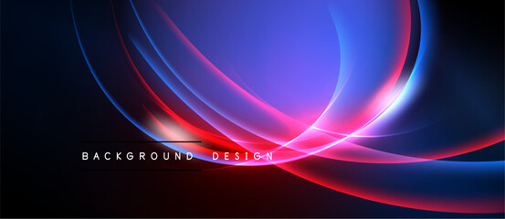 Abstract flowing lines, vibrant blues, reds create dynamic background. Dark space emphasizes bright curves, modern design element.