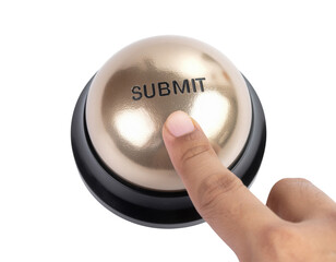 A hand poised over a shiny gold button labeled "SUBMIT," emphasizing interaction and engagement in a digital context.