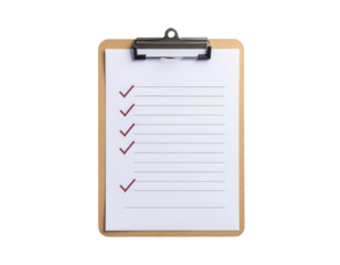 A clipboard with a checklist featuring several checkmarks next to blank lines for note-taking or task management.
