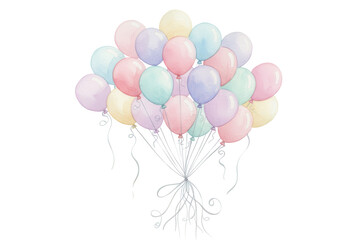 A Watercolor Display of Pastel Balloons with Ribbons for Celebration or Festive Events