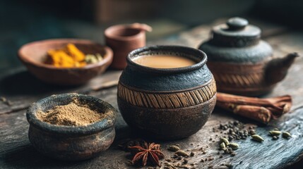 Authentic Indian tea preparation scene featuring rustic clay pots, traditional spices, and a serene wooden table setting, evoking warmth and culture