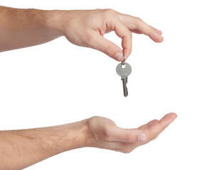 A hand is holding a key above another outstretched hand, symbolizing the act of giving or transferring ownership.