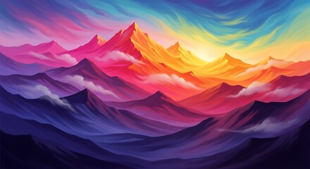 Vibrant mountain landscape painting colorful sky and peaks in artistic style