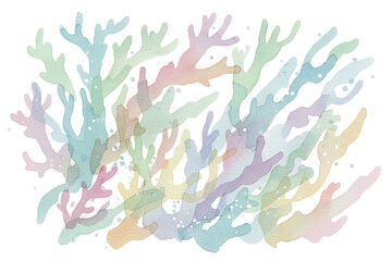 Abstract watercolor coral reef illustration with a delicate palette and ethereal composition design