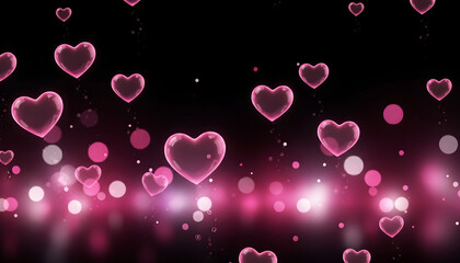 Pink transparent hearts floating on black background with bokeh