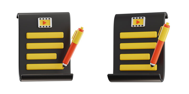 3D render of screenplay document with pen and film strip icon