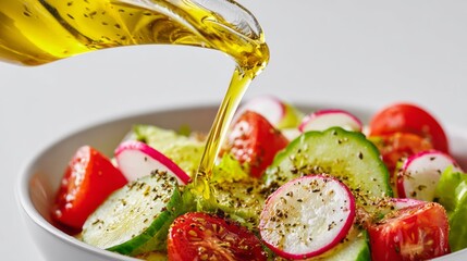 Olive oil being poured over colorful fresh salad with tomatoes radish and cucumber isolated on white background close up food photography