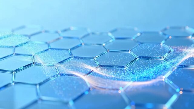 Abstract hexagonal glass structure with glowing particle trails