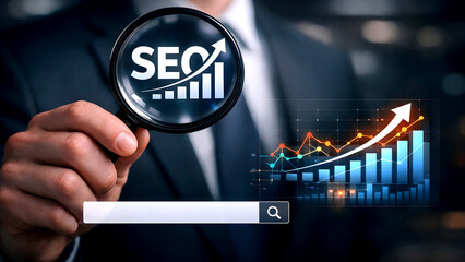 SEO Strategy and Search Engine Optimization Concept Showing Business Growth, Website Ranking Improvement, Digital Marketing Analytics, and Data-Driven Performance Success