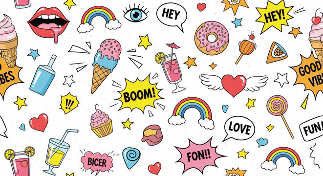 Retro pop art seamless pattern with colorful icons like ice cream, donuts, rainbows, hearts, and comic book speech bubbles on white.