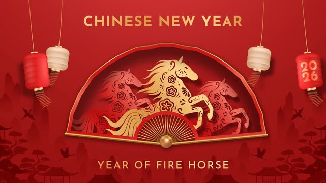 Chinese New Year 2026 Fire Horse Festive Greeting Animation. Lunar New Year Banner Template vector Illustration 