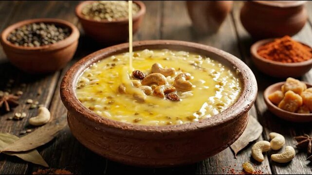 Traditional indian sweet pongal dish with ghee pouring on top for makar sankranti harvest festival celebration with dry fruits and spices on wooden background