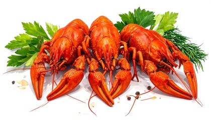Close-up of three cooked, bright red crustaceans arranged with green herbs and spices on a white surface