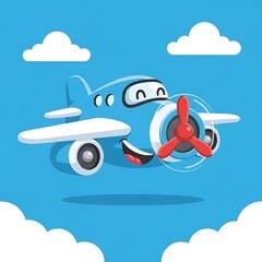 Naklejka premium Smiling cartoon airplane flying in sky.