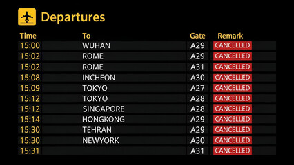 Fototapeta premium Airport Departure Board Displaying Cancelled Flights Impacting Global Travel Schedules