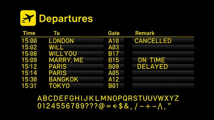Airport departure board displaying flight information with a playful marriage proposal
