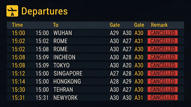 Departures board displaying numerous cancelled flights to international destinations globally