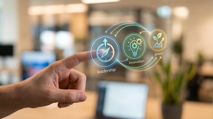 Hand touching holographic icons for business strategy, innovation, and growth