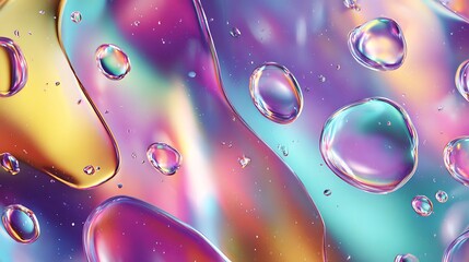Close-up of water droplets and iridescent hues on a liquid surface, creating a vibrant abstract