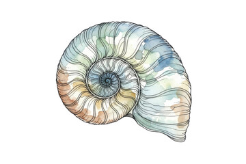 Obraz premium Artistic watercolor illustration of a seashell with intricate spiral lines and delicate hues