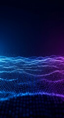 Abstract neon blue and violet visualization of complex particle rhythm and energetic wave synchronization across a futuristic digital landscape, pattern, sync, movement
