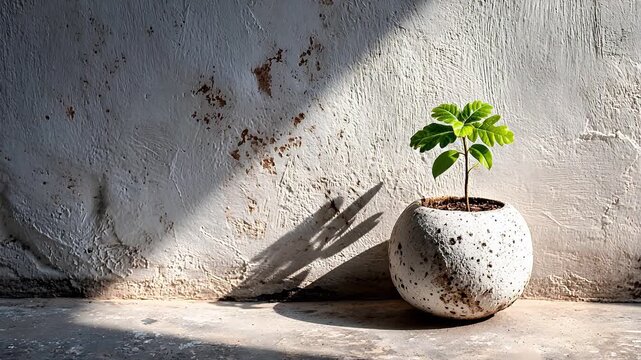 A small potted plant casts a sharp shadow on a textured concrete wall.