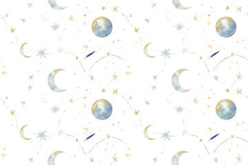 Fototapeta premium Celestial arrangement with moon phases, stars, and constellations in a repeating pattern