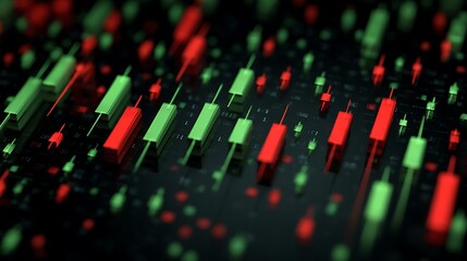 Close-up view of stylized, colorful candlestick charts representing market data