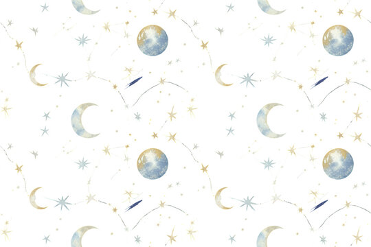 Celestial arrangement with moon phases, stars, and constellations in a repeating pattern