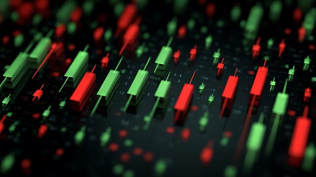 Close-up view of stylized, colorful candlestick charts representing market data - Powered by Adobe
